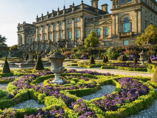 Jardins victoriens avec statues et haies basses devant Harewood House