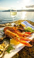 A dish of seafood, oysters on the shell and langoustines