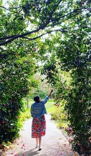A woman holding a dog in front of a lake in Savill Garden, Windsor
