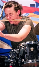 Drummer Liz Exell
at Brecon Jazz
Festival 2023,
Brecon, Powys,
Wales
credit: Dennis
Anguige/Brecon
Jazz Festival