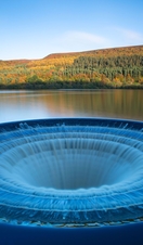 Ladybower Reservoir, plughole overflow, Upper Derwent Valley Peak District, Derbyshire, England, UK, Europe