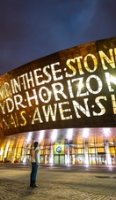Person looking up at the front of a bronze building at night