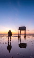Posts marking the pilgrims' way crossing to Lindisfarne with emergency refuge at sunrise