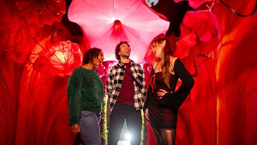 Three friends standing and laughing under a red illuminated canopy