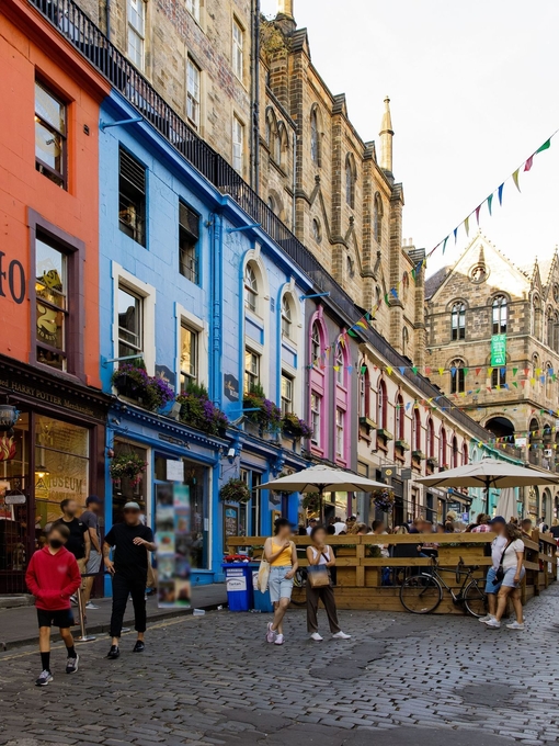 The Grassmarket in Edinburgh, an old historic part of town with shops and places to buy gifts and souvenirs.