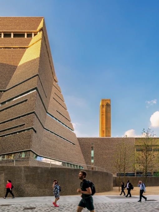 View of Tate Modern building with people walking by
