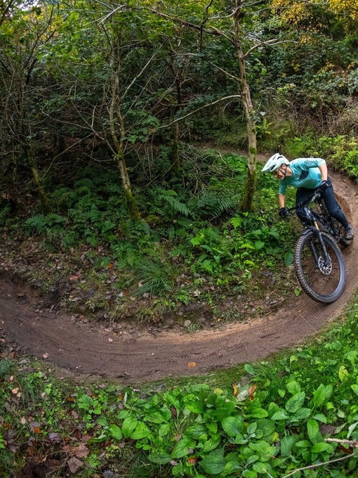 A cyclist riding through trees along a purpose built adventure cycle path in a large forest.