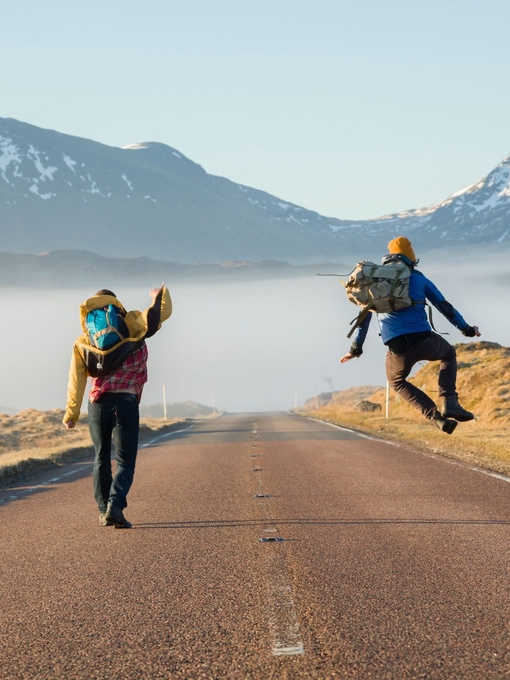 Rear view of two men jumping with joy on a country road