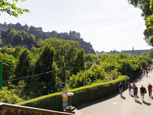 Princes Street Gardens with Edinburgh Castle in the background.