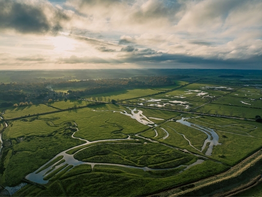 An overhead view of various canals making up part of the Broads National Park