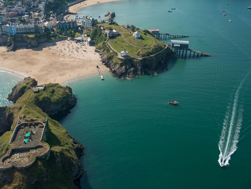 Traditional seaside town with sandy beaches. Aerial view
