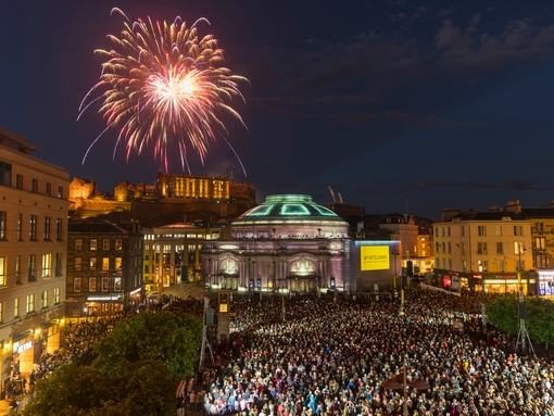 Fireworks from the Royal Edinburgh Military Tattoo shortly before Five Telegrams. The Opening event of the 2018 Edinburgh International Festival projected onto the Usher Hall.