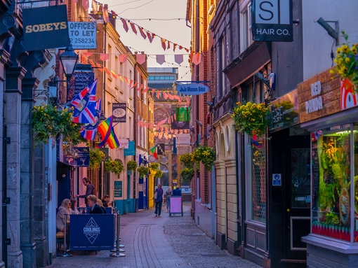 A view down a shopping street in Exeter's Castle Quarter
