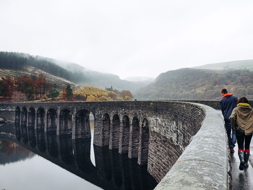 Two people walking down Elan Valley in Wales