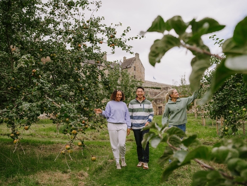 A man and two women walking through an apple orchard on castle grounds.