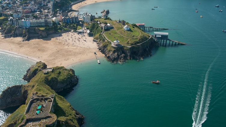 Traditional seaside town with sandy beaches. Aerial view