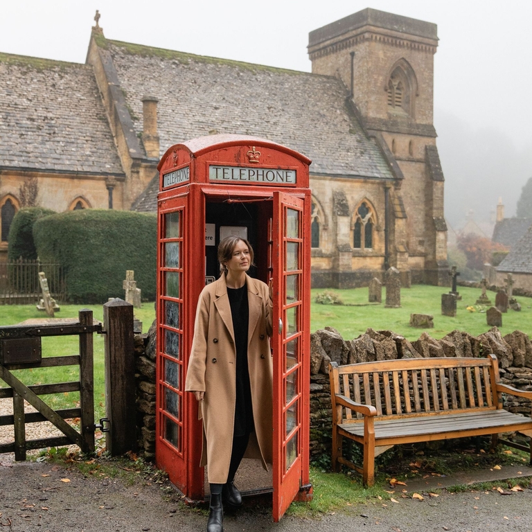 A woman exits a red telephone box with a church in the background