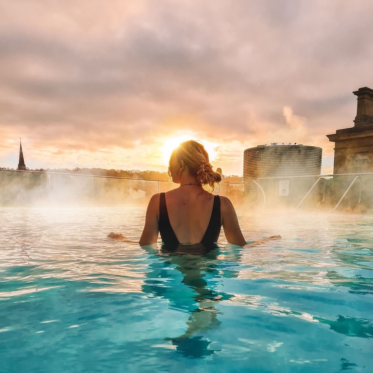 A woman stands looking out to a view in the rooftop pool at sunrise